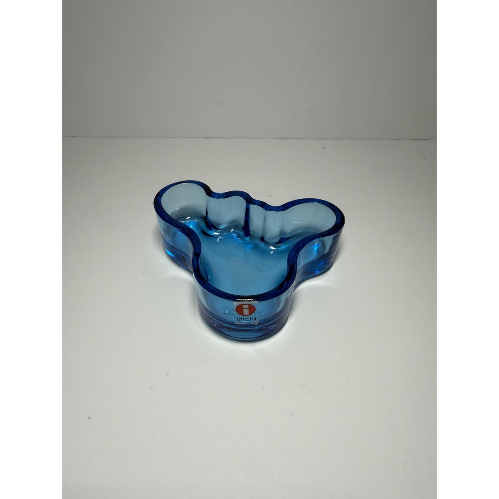 Iittala Alvar Aalto Blue Glass Dish 4" Finland Signed Etched w/ Orig Red Sticker